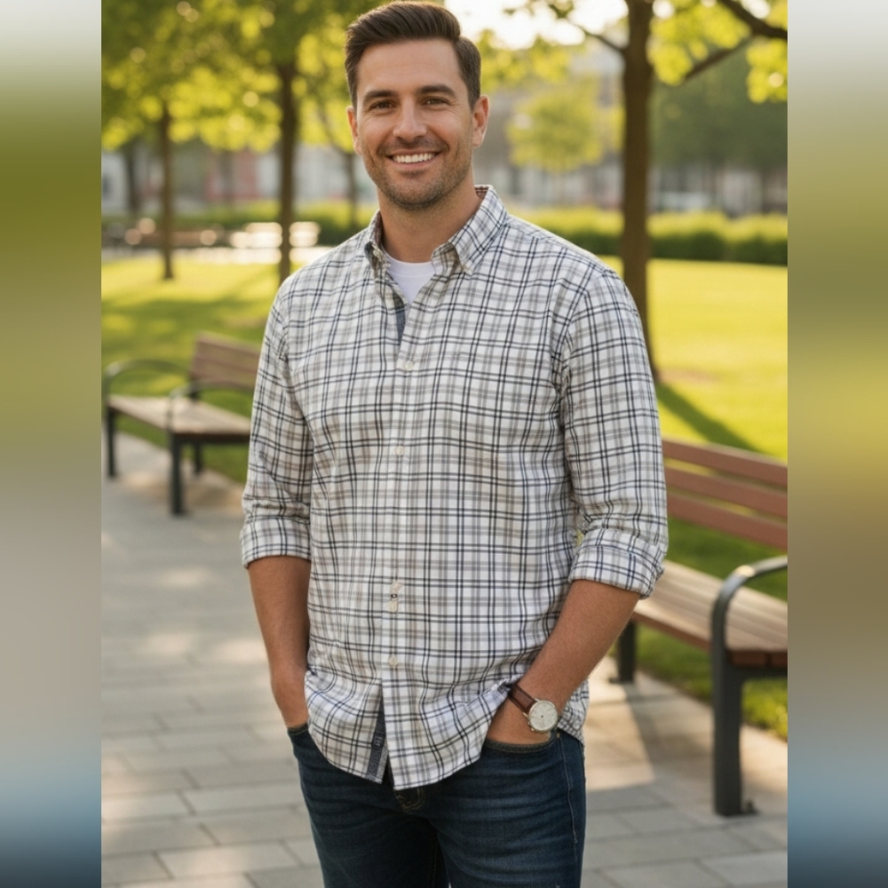 Sonoma Men's Plaid Button Down Shirt - Black and Cream